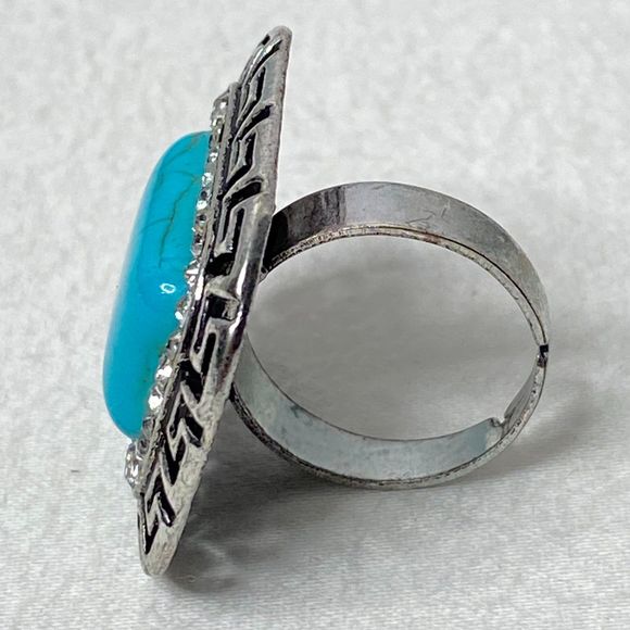 Southwest Style Earrings & Ring Faux Turquoise Stones Rhinestones Silver Frame - Picture 12 of 15
